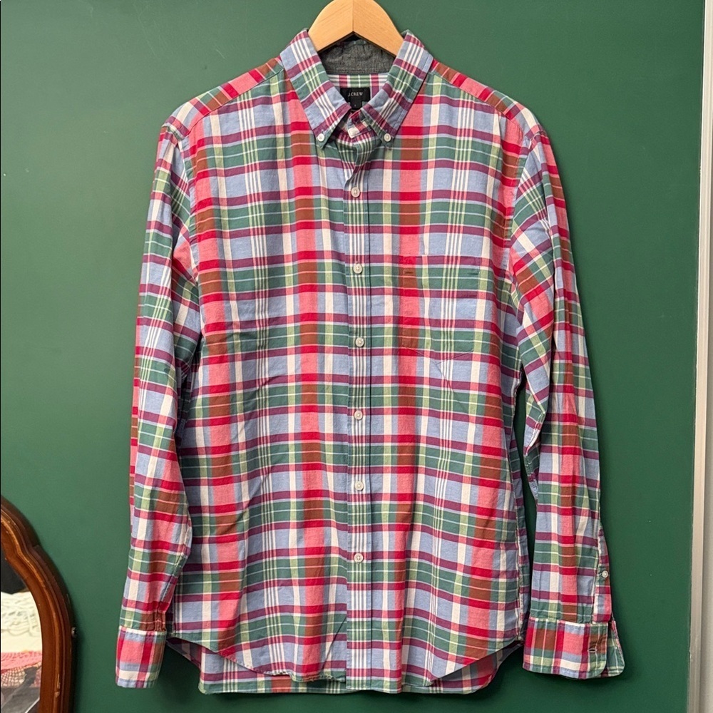 J. Crew Green, Pink & Blue Spring Inspired Plaid Button-Down Mens L Shirt Cotton